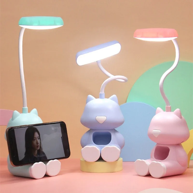 LED Creative Cute Cat Flexible Led Study Desk Lamp with Phone Holder Bedside Color Adjust Table Lamp for Kids Student Room