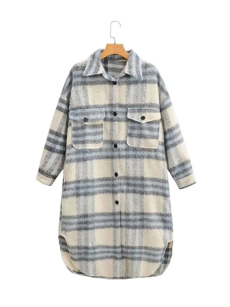 Damski płaszcz zimowy z długim rękawem, kołnierzem, zapinany na jeden guzik, z kieszeniami, dekoracyjny, wełniany, długi płaszcz damski, ciepły płaszcz w kratę do pracy.