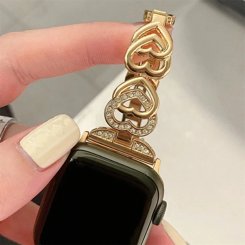 Luxury Love Heart Diamond Metal Band For Apple Watch 8 Ultra 7 6 5 SE Strap For iWatch 9 41mm 45mm 49mm 40mm 38mm 44mm Bracelet