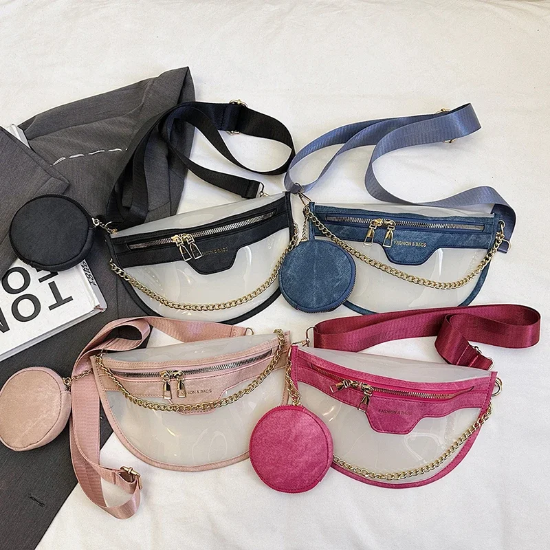 

Chain Waist Bag 2025 Summer Fashion Jelly Bag Handbag High Quality PVC + Pu Leather Handbag Casual Crossbody Chest Bag