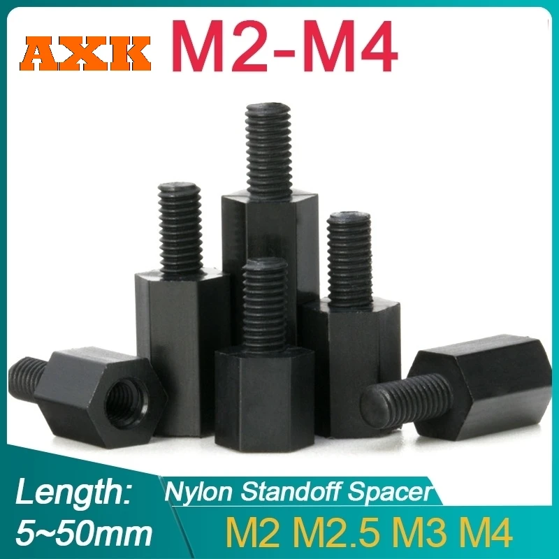 50/ 20pcs Black Nylon Spacer M2 M2.5 M3 M4*L+6mm Male to Female Insulated Adiabatic Nylon Standoff Spacer