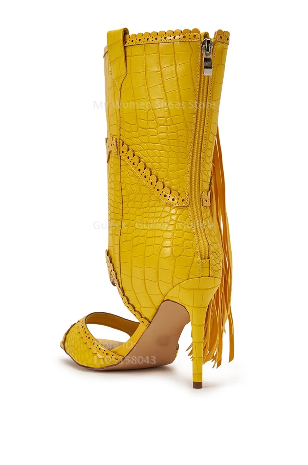 Fringe Yellow Stone Pattern Summer Boots Mid Calf Cut Out Ziiper Custom Made 2026 Autumn Winter Dress Footwear Thin High Heels view 6
