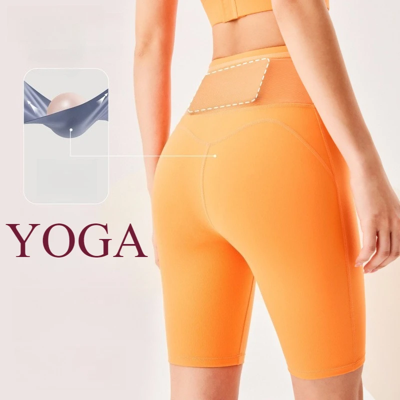 Women's Running Compression Shorts Yoga Breathable Mesh Quick Dry Athletic Workout Sports Shorts Orange Fitness Gym Wear