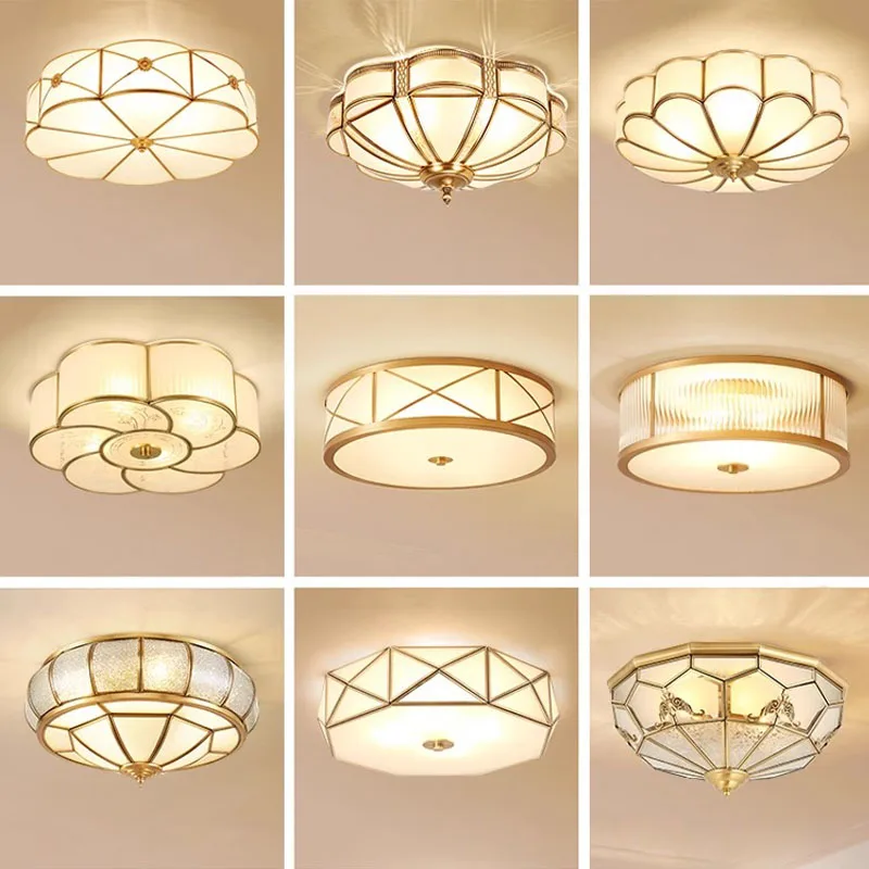 

High End Brass Ceiling Light American Vintage Glass Restaurant Light All Copper French Retro Bedroom Balcony Foyer Light