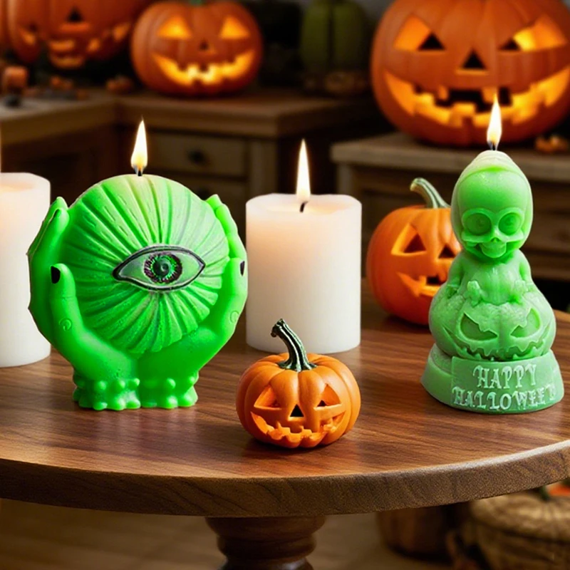 1 Stück, DIY Halloween handgehaltener Totenkopf Auge Geist Duft Kerze Silikonform manuelle kreative Dekoration Gips Ornament Form