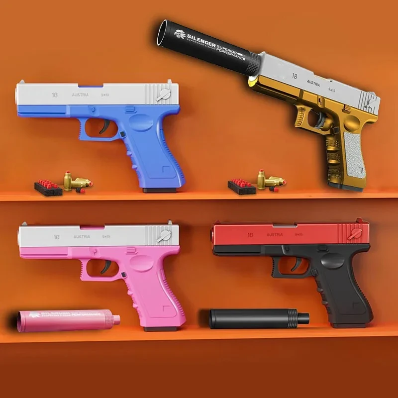 Pistola de juguete de balas blandas para niños y adultos, juguetes de eyección de espuma al aire libre, pistola Manual de lanzamiento de carcasa, pistolas de Airsoft con silenciador, 2 piezas