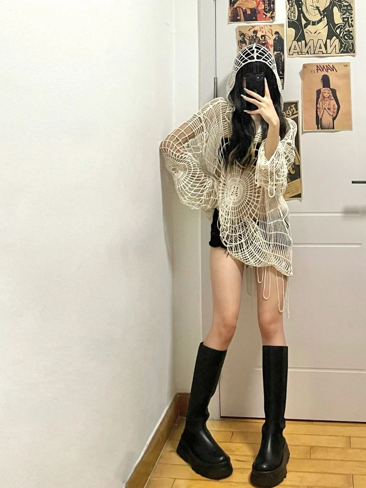 ADAgirl Y2k Spider Web Hollow Out Sweaters Hole Crochet Knit Top Punk Grunge E-Girl Pullover Hoohed Streetwear Goth Mesh Clothes