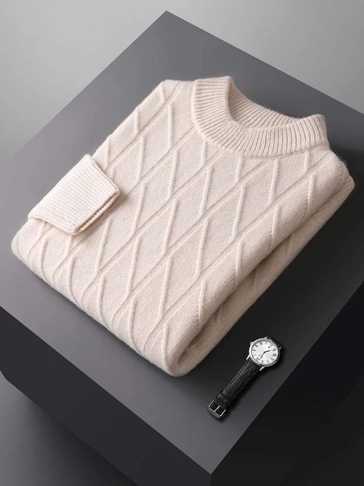 Chic Men's Wool Pullover Autumn Winter O-Neck Jacquard Sweater 100% Merino Wool Knitwear Long Sleeves Smart Casual Thick Tops