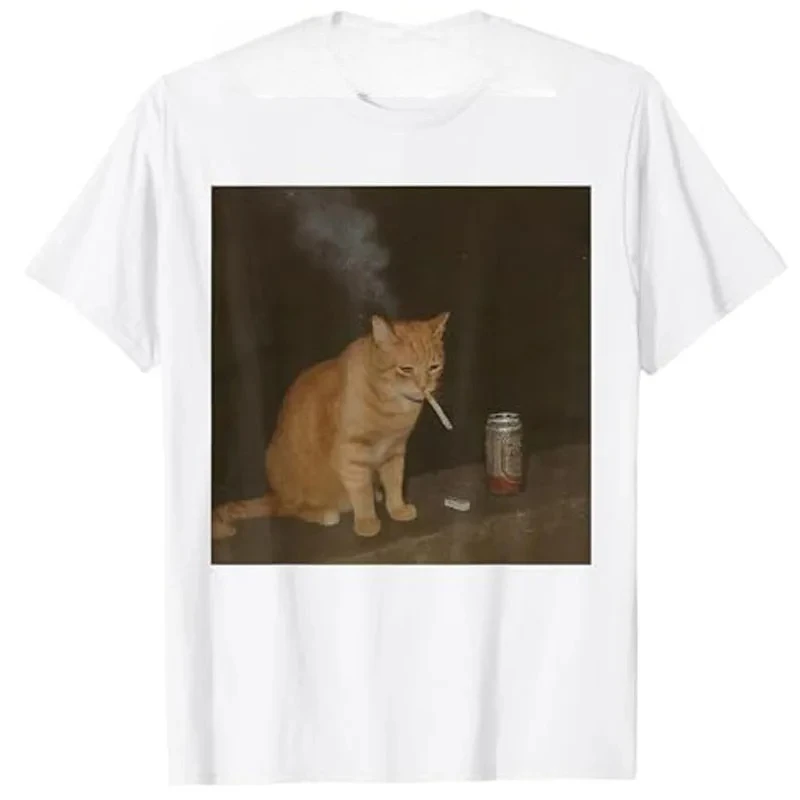 Kitty Meme Cat Smoking Cigarette and Beer Baddies Get Saddies T-Shirt Women Fashion Drinking Lover Y2k Design Graphic Outfit Tee