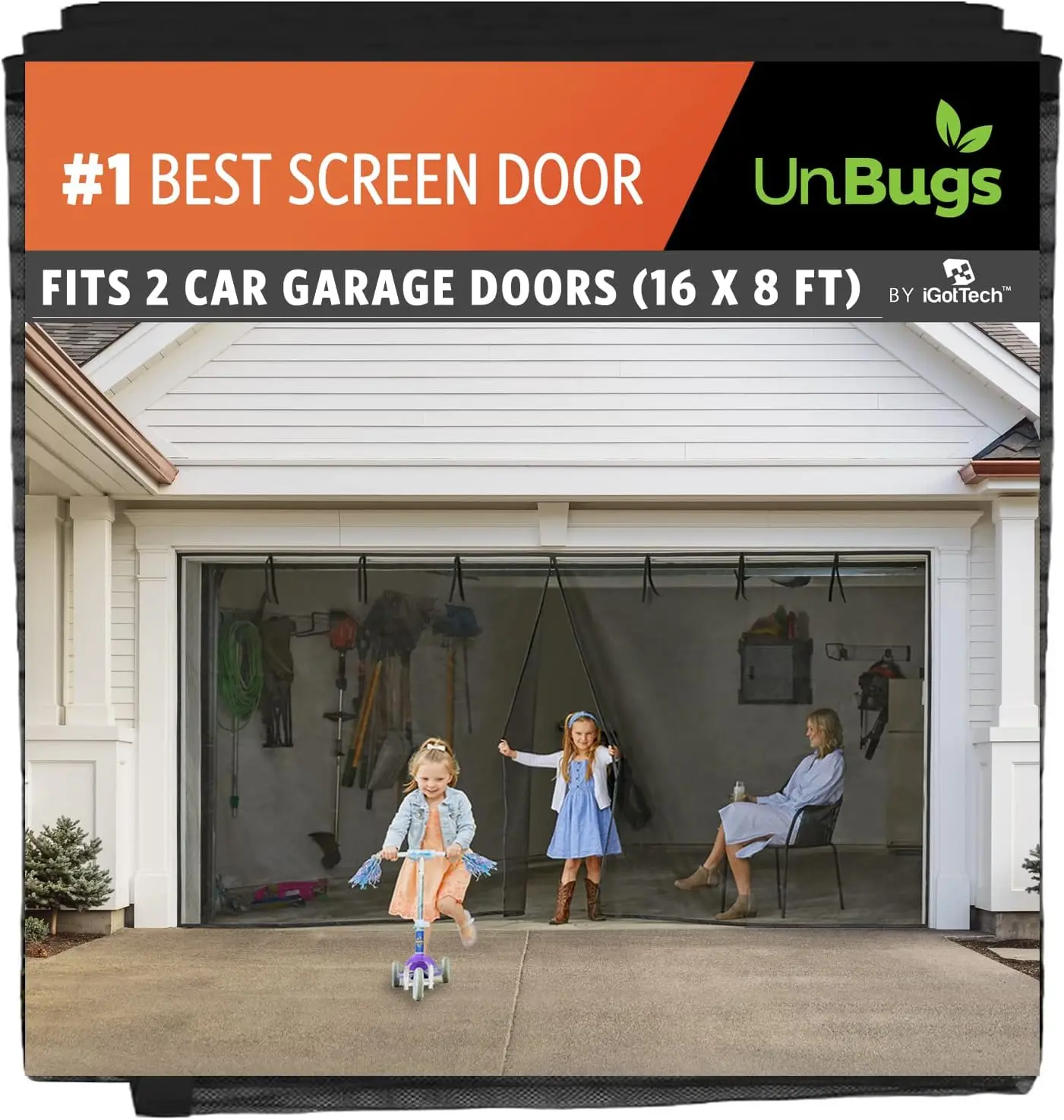UnBugs Garage Screen Doors for 2 Car Garage - Fits Double Garage Doors up to 16 Feet Wide x 8 Feet Tall MAX- Pet & Kid Friend