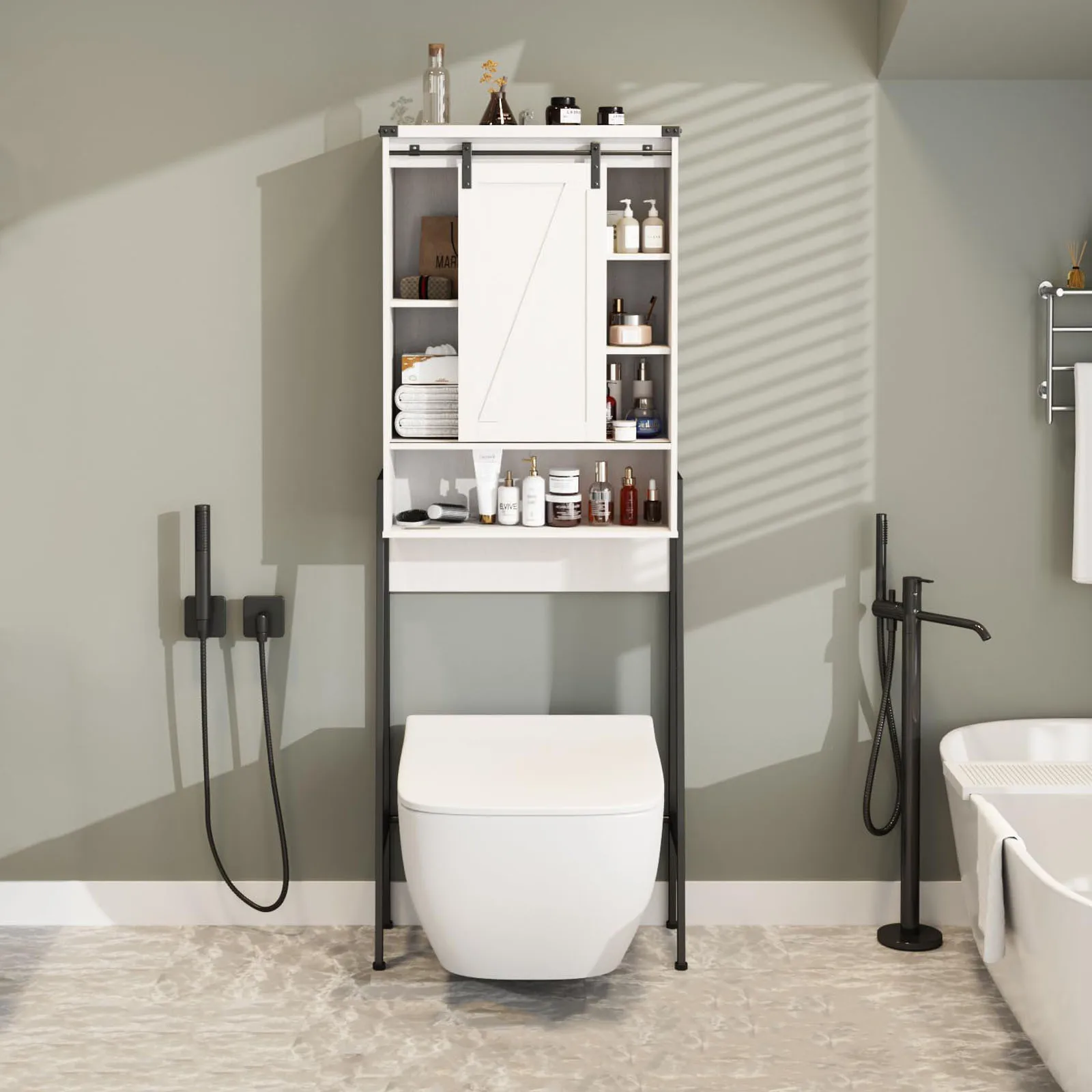 

Vabches Over The Toilet Storage Cabinet Bathroom Storage Cabinet with Sliding Barn Door&Metal Leg Space-Saver Bathroom Organizer