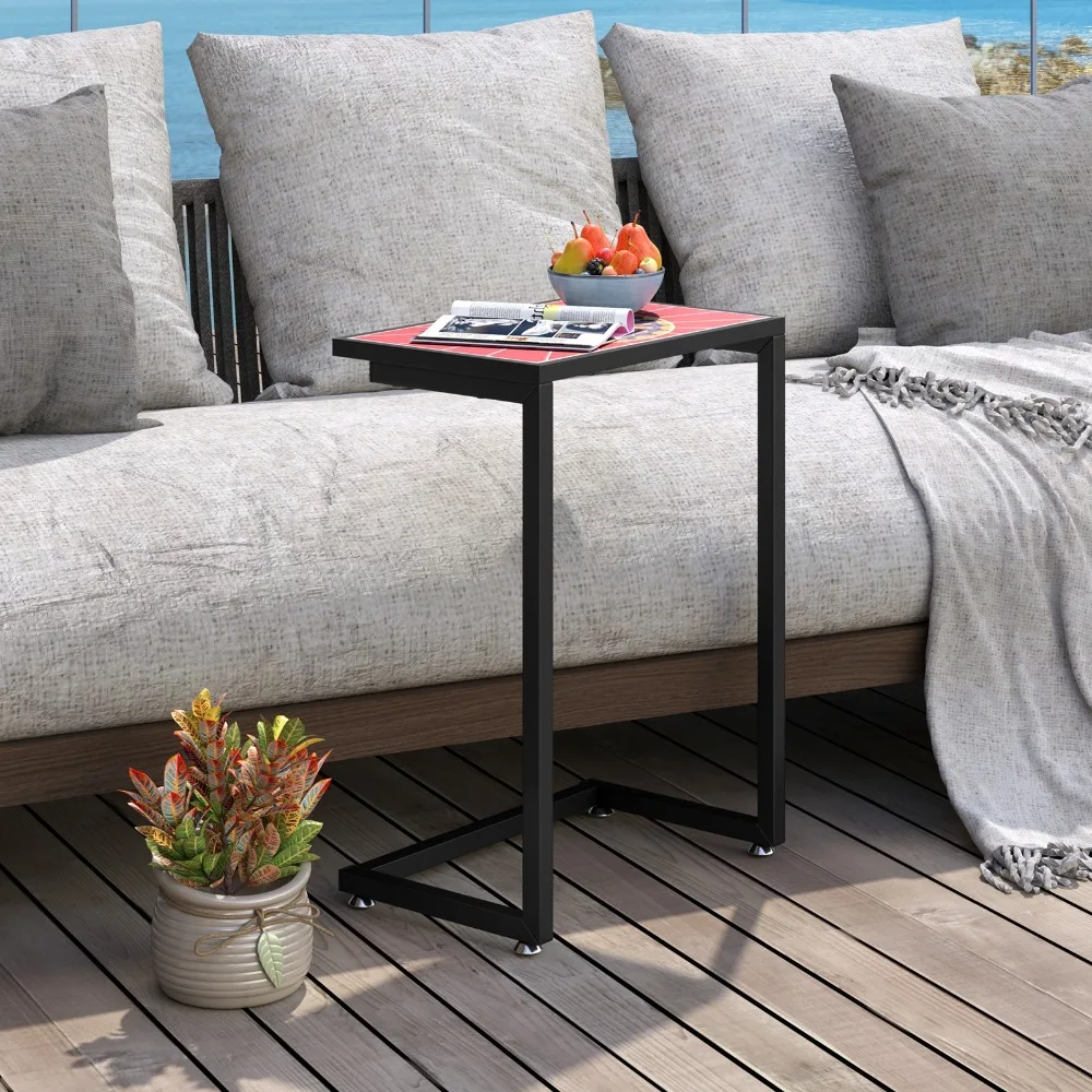 

C-shaped Outdoor Side End Table w/ Ceramic Top for Patio Living Room Balcony