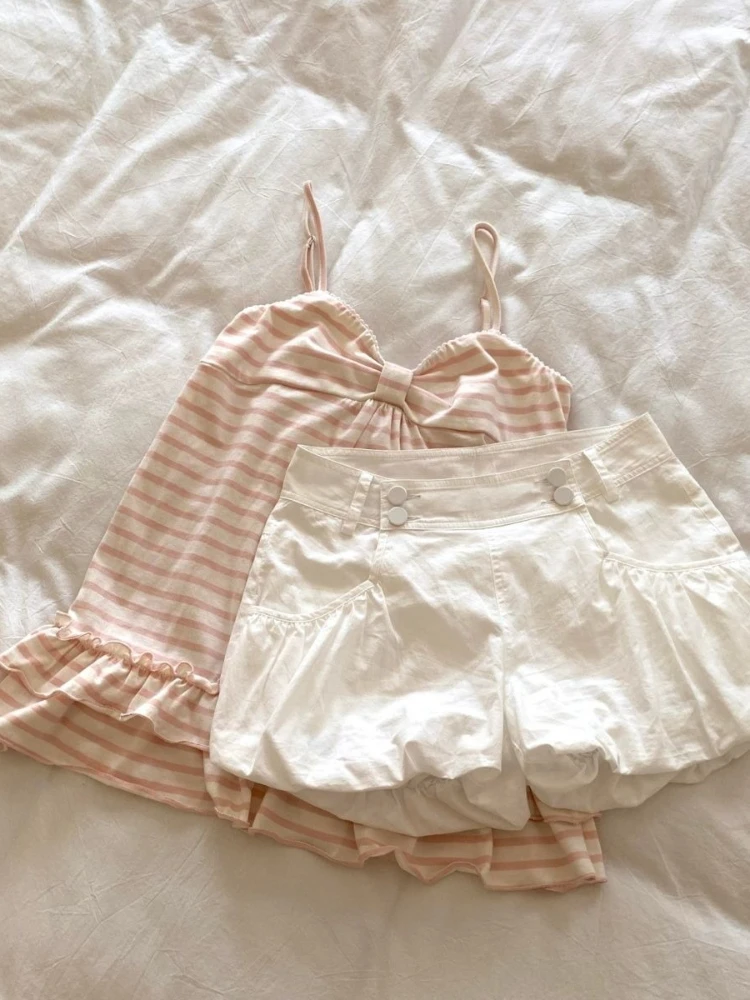 Deeptown Japanese Sweet Camis Women Kawaii Striped Pink Bow Sleeveless Vest Coquette Fashion Cute Summer Slim Up Ruffles Tanks