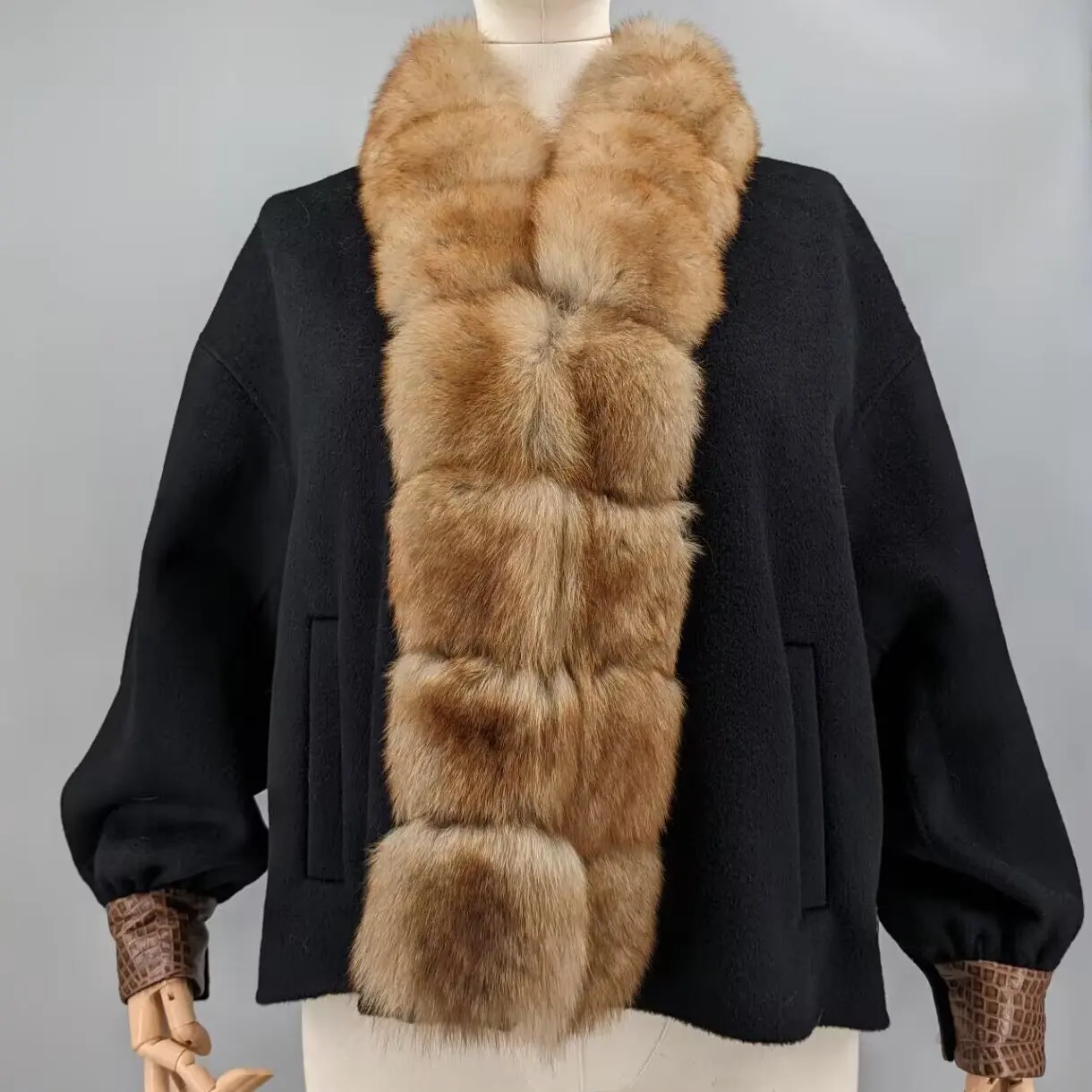 Women Black Batwing Oversized Wool Coat Real Fox Fur Front Placket Sheepskin Cuffs One Size Luxury Rich Lady Elegant Outwear0415