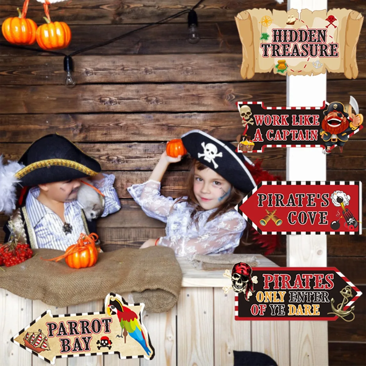 Pirate Party Directional Sign Set Skull Parrot Treasure Map Hanging Sign for Kids Pirate Themed Birthday Party Wall Door Decor