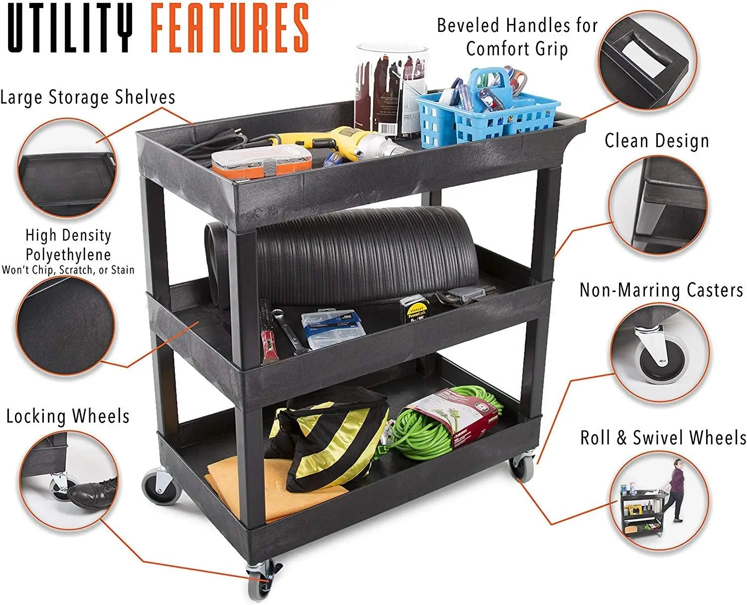 Utility Push Cart Supports Up to 300 lbs Heavy-Duty Plastic Service Cart Great for Offices Warehouse Storage Garage Tools