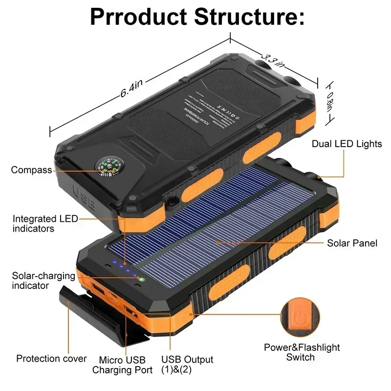 20000mAh Solar Power Bank with Compass Carabiner Outdoor Camping External Spare Battery USB Mobile Powerbank Portable Charger