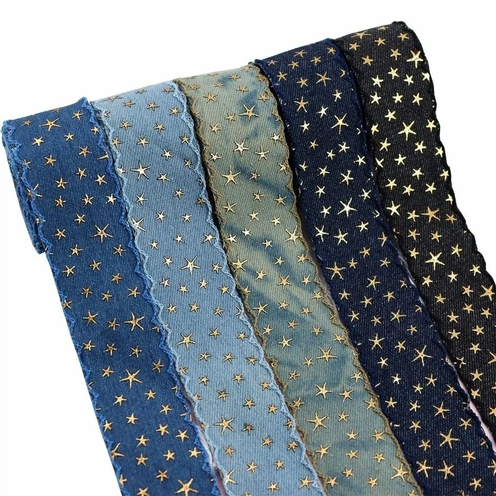 1 yard 38MM 38MM Width Denim Cloth Ribbon Gold Star Stamped Pattern Stamped Ribbon Denim DIY Clothing Sewing Supplies