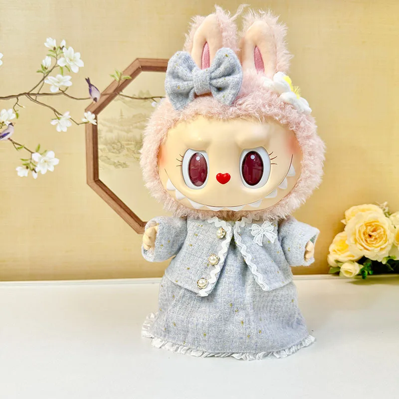 38 cm Labubu Plüschpuppen-Outfit, rosa Häschen-Stil, Tweed-Stoff, Spitzenbesatz, Perlendekor, exquisites Kawaii-Kostüm