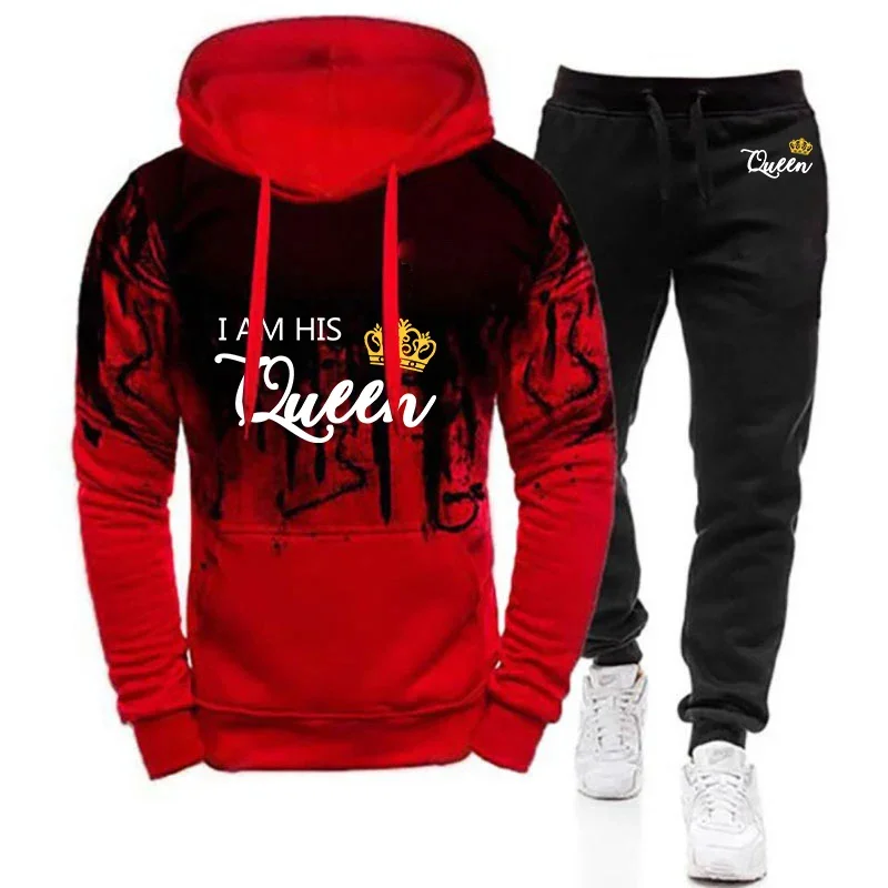 2024 Spring Autumn Men's New King Queen Lovers Couples Logo Print Fashion Gradient Color Pullover Hoodies+Jogging Sweatpants Set