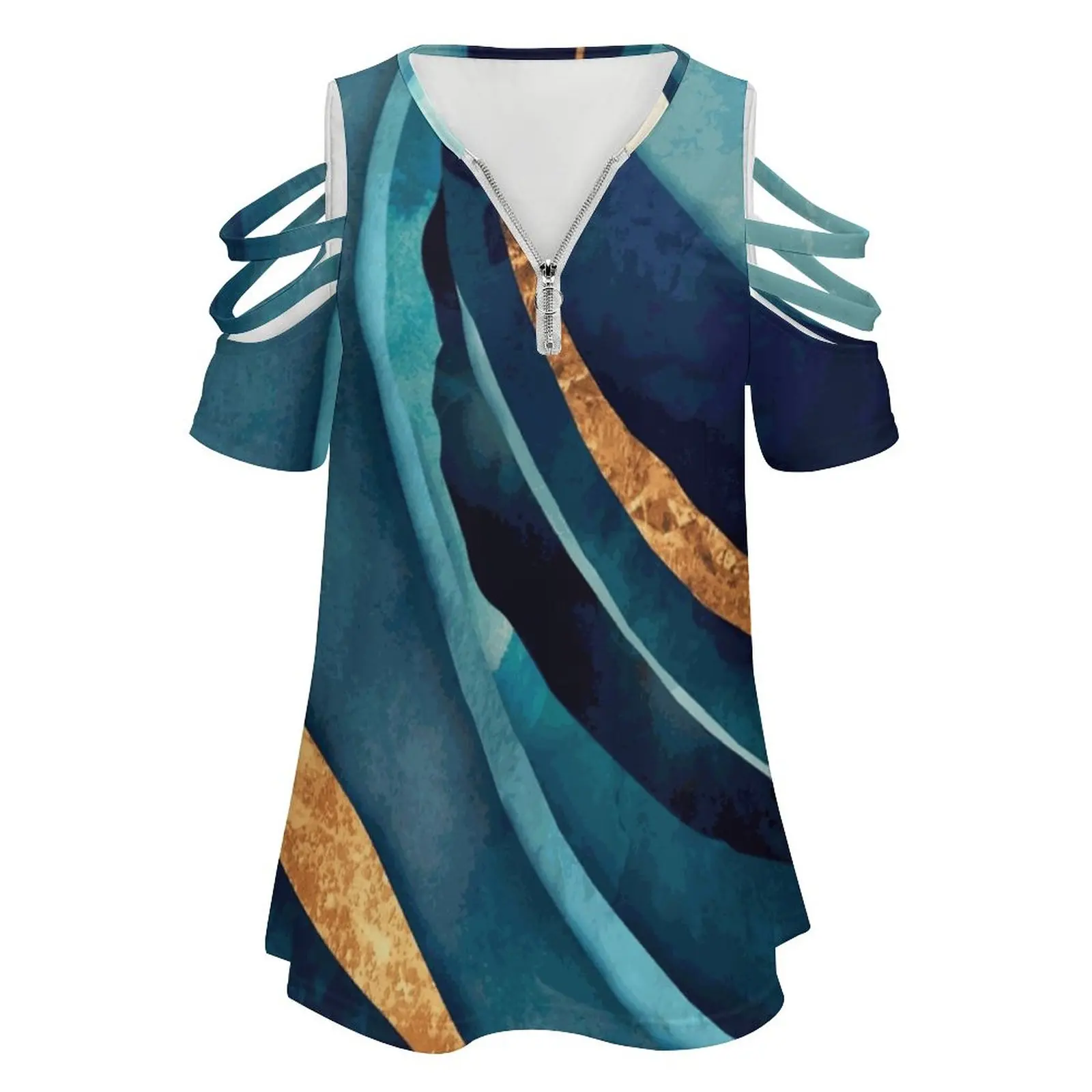 Abstract Blue With Gold New Fashion Zip Off Shoulder Top Short-Sleeve Women Shirt Blue Gold Abstract Intense Bold Contemporary