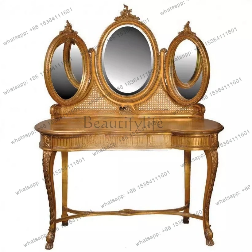 High-end furniture custom French dresser French retro engraved gold makeup table and chairs combination