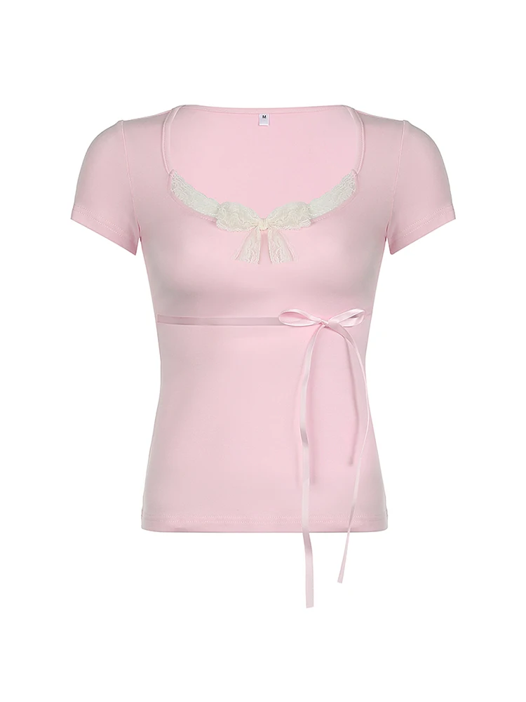 Camiseta negra de manga corta para mujer, camisa con lazo de encaje en contraste Kawaii japonés, cuello cuadrado, Rosa dulce, camisetas bonitas