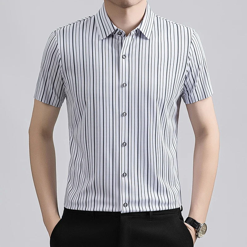 Striped Leisure Skin-Friendly Shirts For Men Short Sleeve Luxury Summer Quality Silky Comfortable Wrinkle-Free Camisas De Hombre