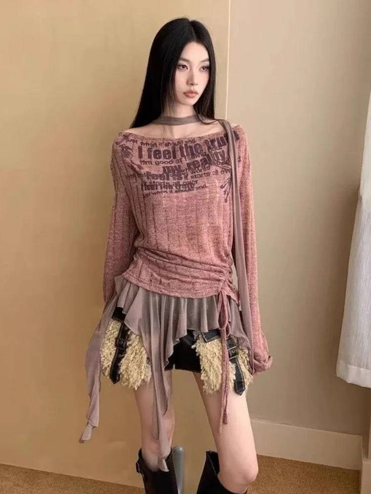 Vintage retalhos irregular babados topos feminino slash neck harajuku cordão tshirts y2k estética carta impressão grunge camisetas