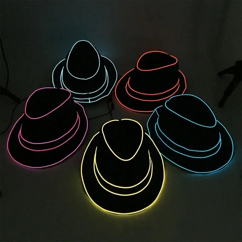 Adulto hombres mujeres iluminan alambre Jazz sombrero de copa brillo Caballero gorra neón fiesta de cumpleaños disfraces Led traje de baile Bar boda Festival