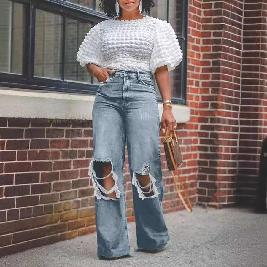 

2025 New Old Ripped Wide Legs Washed High Waist Loose Jeans Women