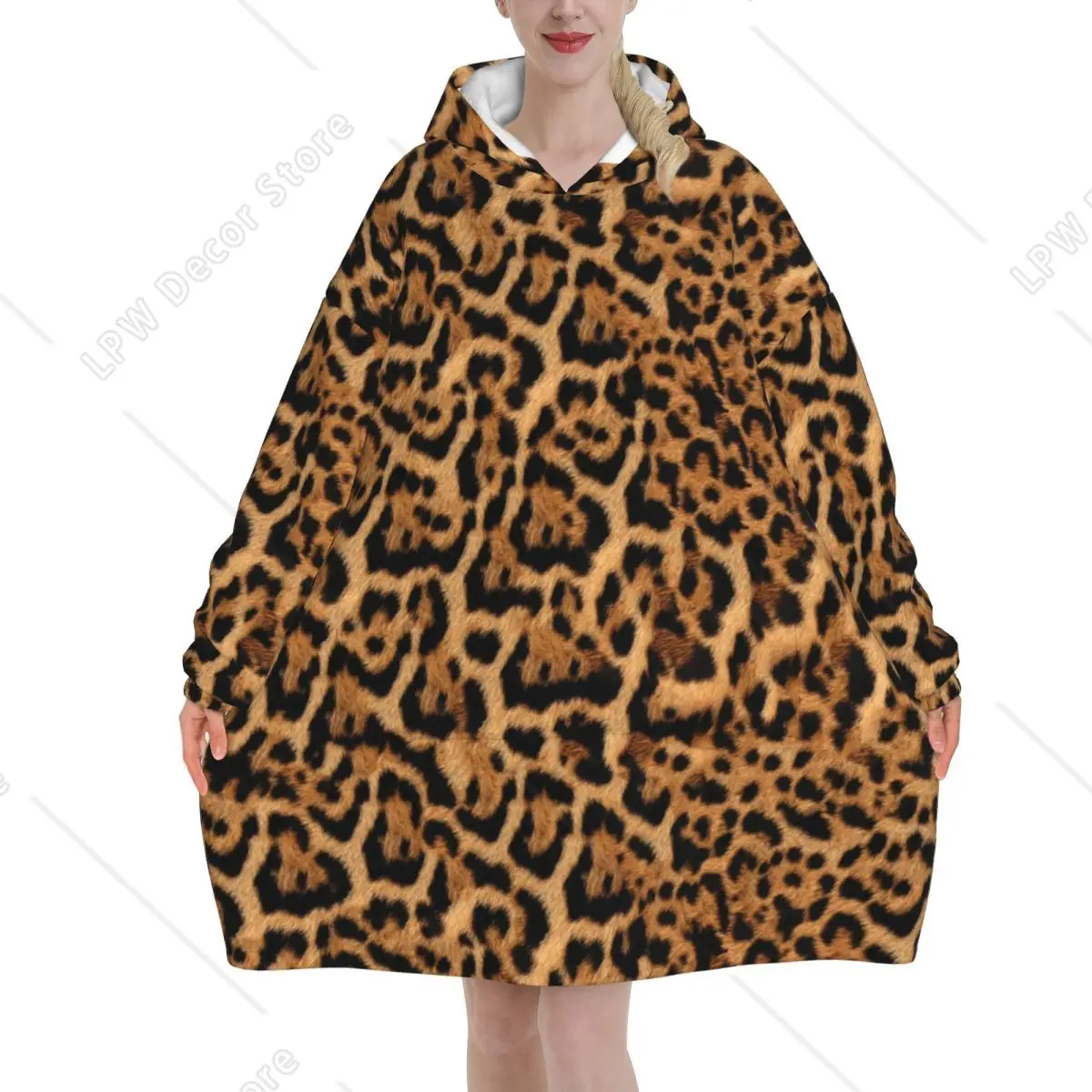 Panthera Jaguar Fur Pattern Wearable Blanket Hoodie for Women Men Leopard Cheetah Skin Texture Sweatshirt Blanket with Pocket