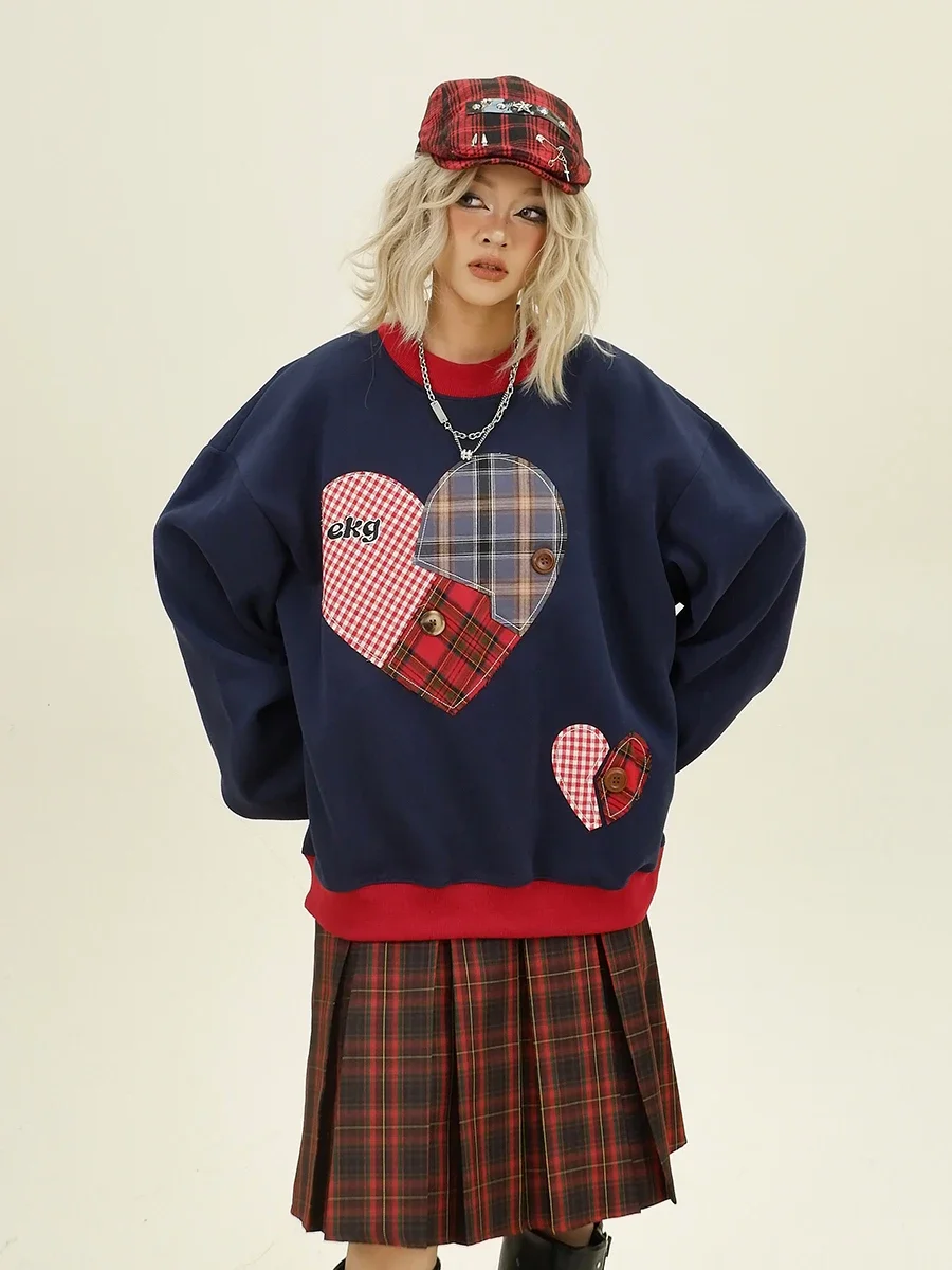 Plaid Love Crew Neck Sweatshirts Women's 2024 Autumn New Loose Bf American College Trendy Brand Top