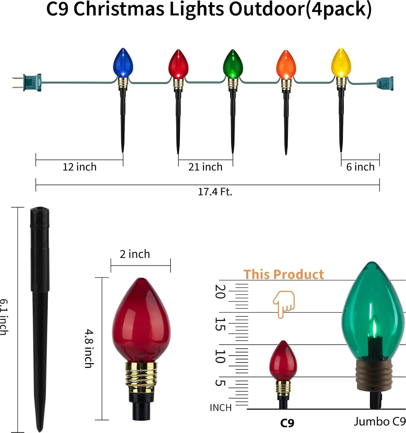 Brightown 4 Pack C9 Christmas Pathway Lights Outdoor Total 69.6 Ft 40 Lights Waterproof Connectable Walkway Lights For Yard