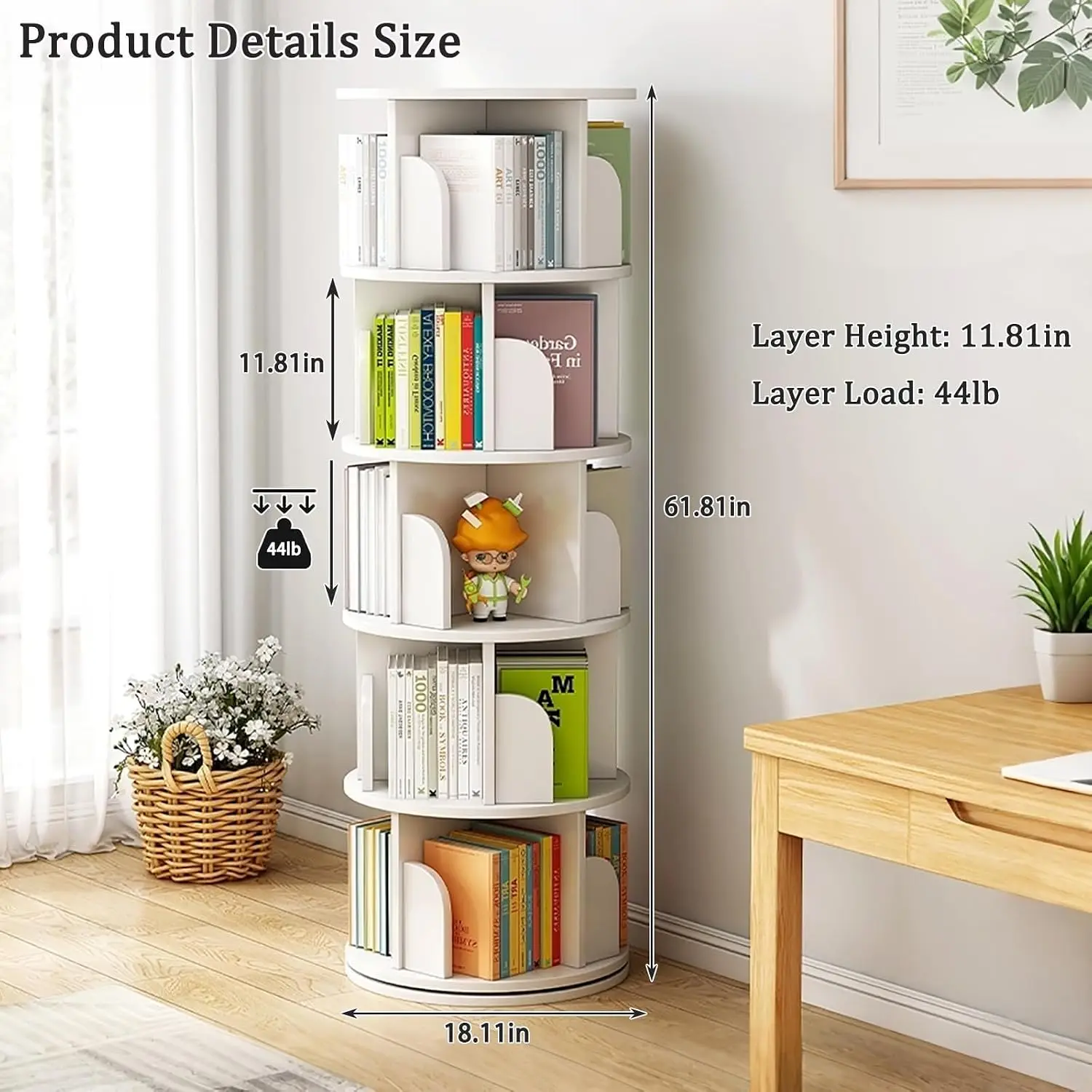 6 Tier Rotating Bookshelf Round Spinning Storage Shelf with Wheels for Home Office, Customized