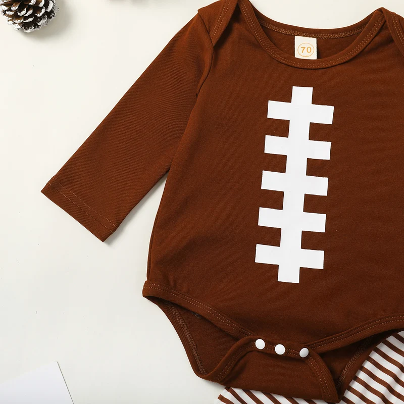 2023-08-02 Lioraitiin 0-18M Baby Boy Girl Football Outfit Long Sleeve Sweatshirt Romper Rugby Stripe Elastic Pants 3PCS Clothes