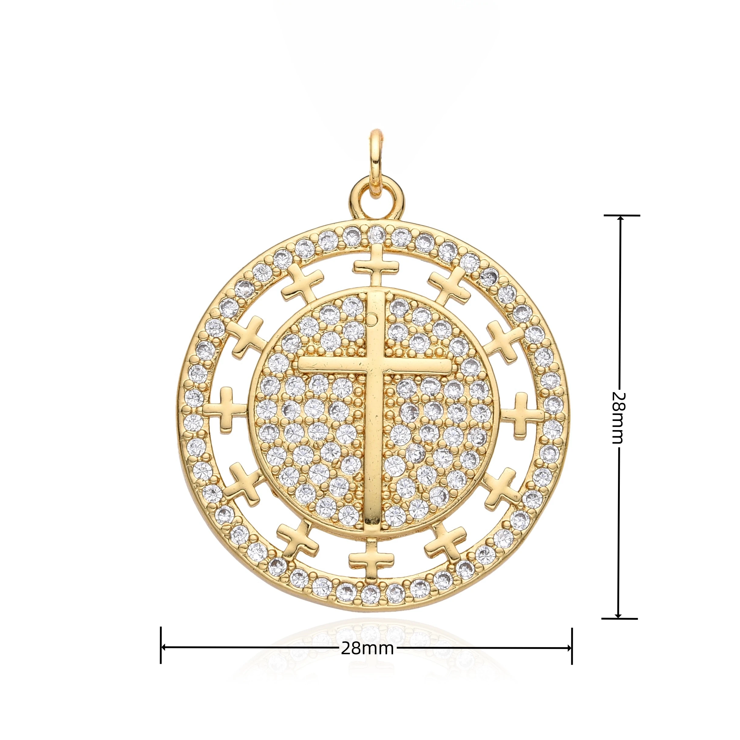 Gold Plated Cross Medal Charms Jesus Crucifix Necklace for Women Men Zirconia Paved Cross Surrounding Pendant Catholic Jewelry