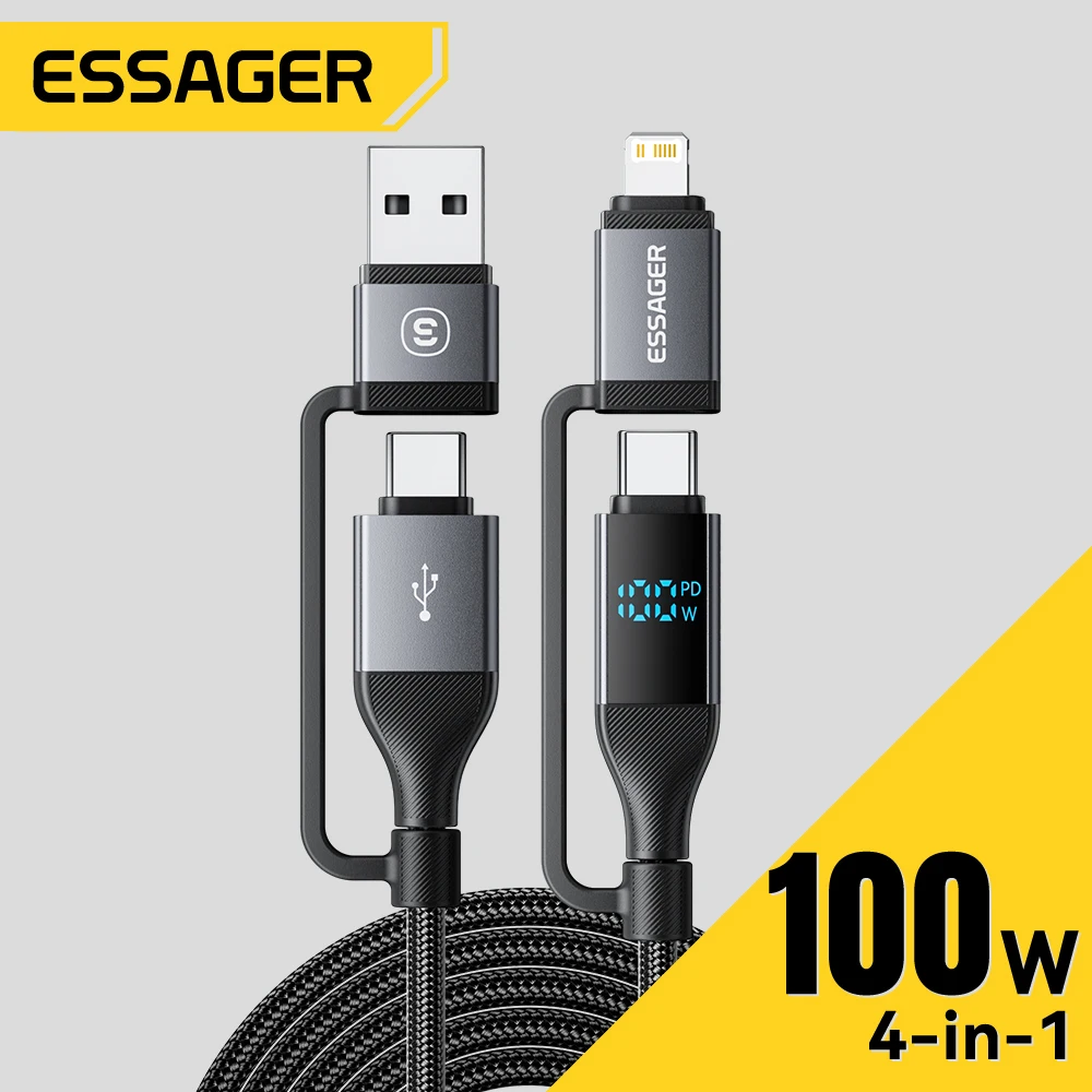 Essager 4 In 1 Digital Display USB Cable Type C 100W PD Fast Charging Wire For iPhone Macbook iPad Xiaomi Type C Lighting Cable