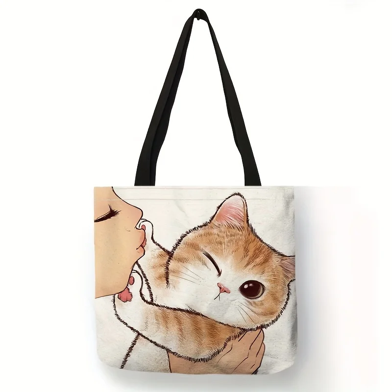 Cute Cartoon Cat Print Tote Bag, Large Capacity Shoulder Bag, Women\'s Casual Handbag For Work School Shopping