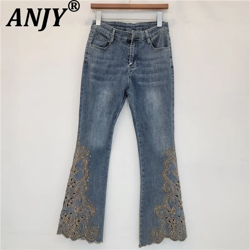 ANJY Autumn Winter New Women Fashion Embroidery Studded Diamonds Elegant Flared Jeans Stretch Slim Fit Casual Denim Pants A16096