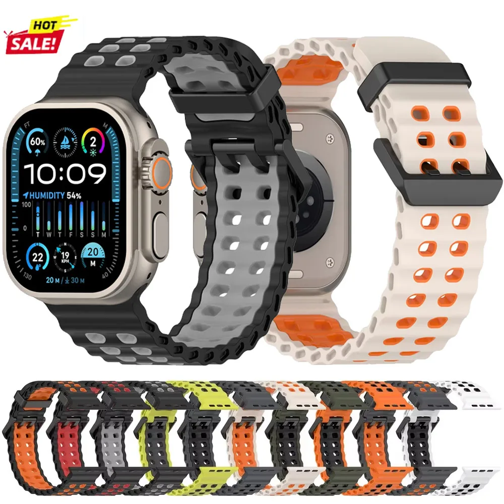 Tali Silikon Laut untuk Jam Tangan Apple Ultra 49Mm 10 46Mm Gelang Olahraga Nyaman untuk Gelang IWatch 9 8 7 6 5 SE 45Mm 44Mm