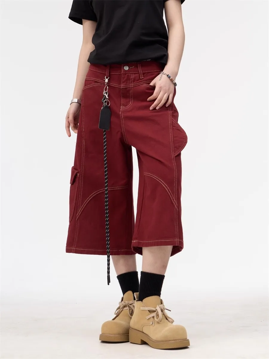 Dames casual rode losse wijde pijpen kuitlange broek jong meisje zomershorts vrouwelijke hoge taille capribroek