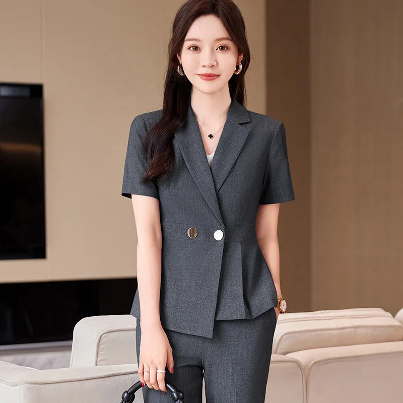 Gray Short Sleeve Suit Set for Women Summer Hotel Reception Jewelry Store Beauty Salon Workwear High-end Professional Suit