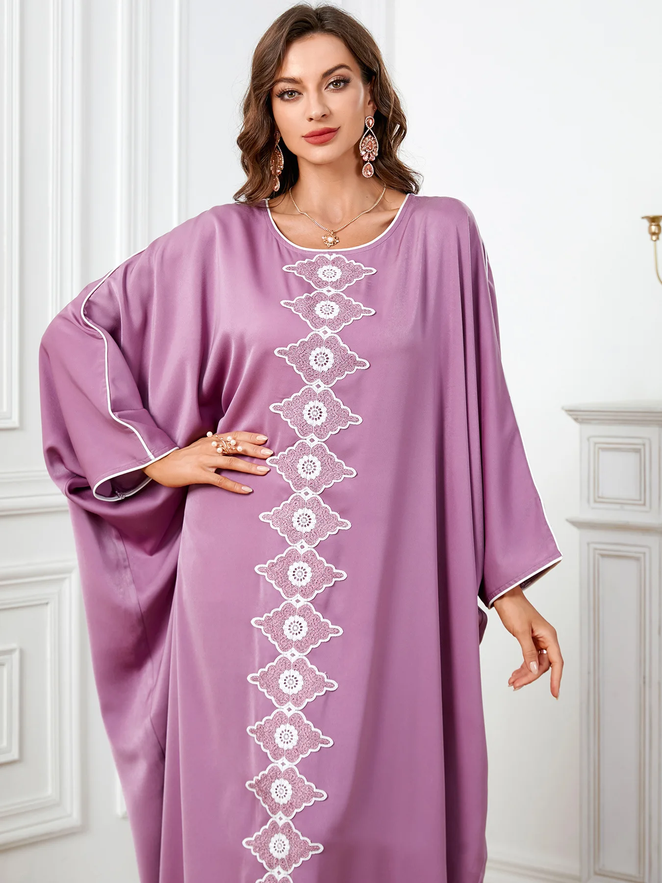 Solid Patchwork Muslim Dresses Women Elegant Batwing Sleeve Casual Long Robe Dress O-Neck Loose Fashion Spring Summer