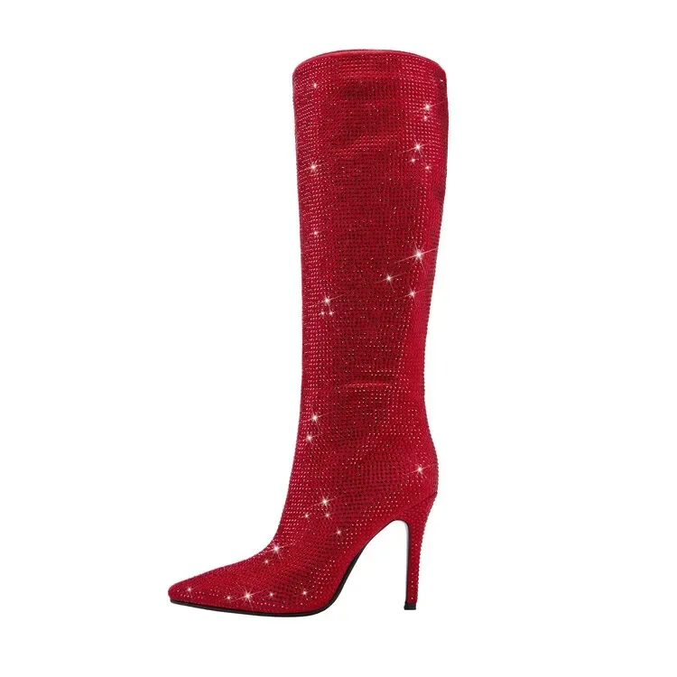 

Red Black Rhinestone 10cm High Heel Knee Long Boots 2023 New Fashion Show Shiny Diamond High Heel Women's Shoes Size 35-46