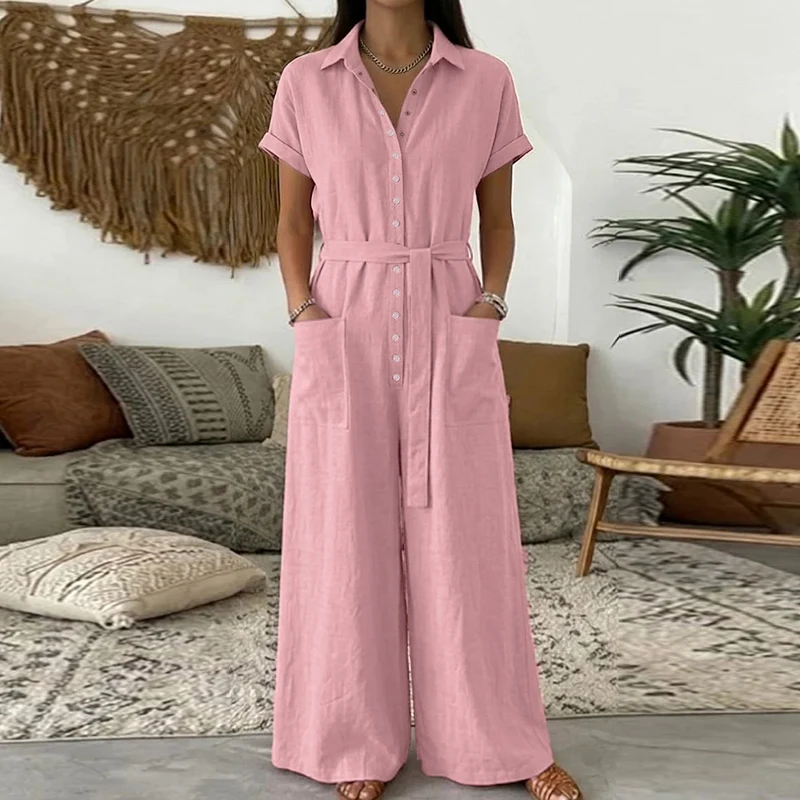VONDA Plus Size Women Elegant Solid Color Jumpsuits Summer Vacation Style Short Sleeve Long Overalls Office OL Belts Playuits