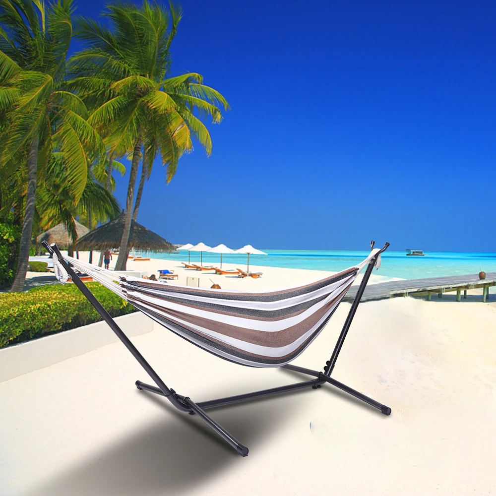 Professional Black Silver Flowers Hammock Stand with Polyester Coffee Stripe Hammock 250 Lbs Capacity for Outdoor Patio Garden