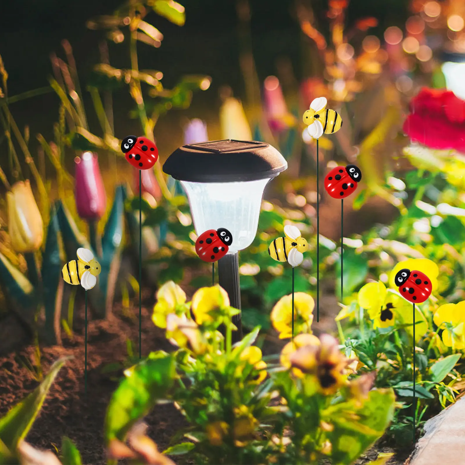 20Pcs Garden Bee Ladybug Resin Stakes Decorative Outdoor Lawn Yard Plant Garden Ornaments Outdoor Spring Decors