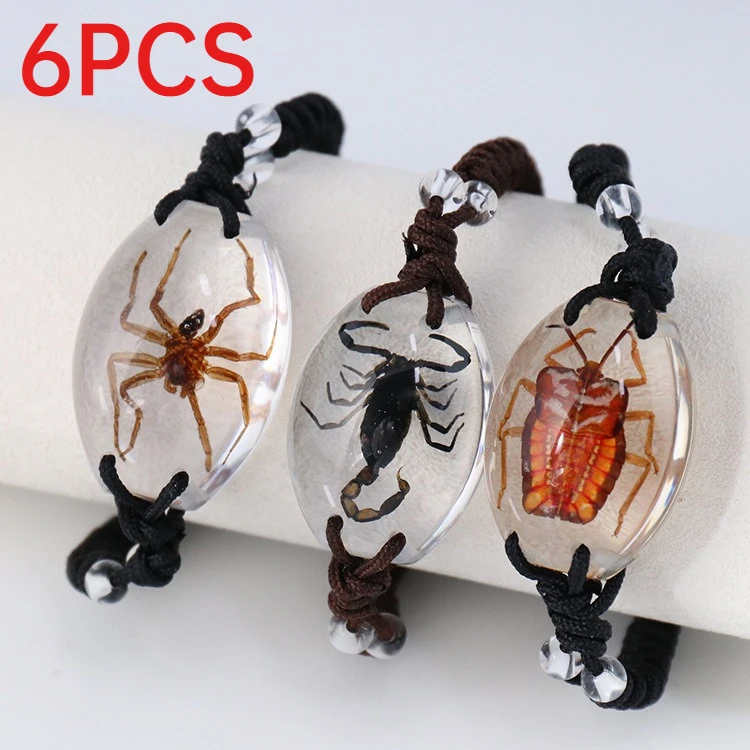 

6Pcs Amber Color Resin Bracelets Black Scorpion Insect Specimen Transparent Teaching Toy Creative Hand Rope Charms