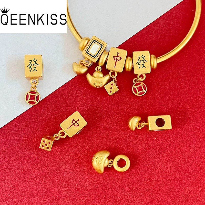 

QEENKISS 24KT Gold Mahjong ZHONG Beads Charm For DIY Bracelet Making For Girl Children Jewelry Accessories Bulk Wholesale AC509